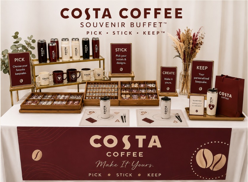 Souvenir Buffet station styled entirely around a client's brand identity, with curated keepsakes, design trays and signage
