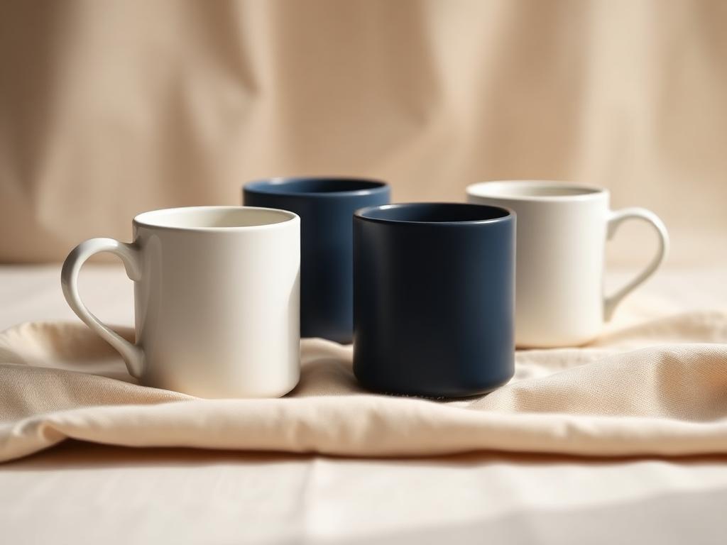 Matte ivory and navy ceramic mugs on ivory linen