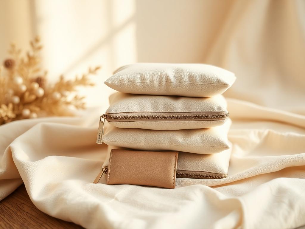 Stacked canvas pouches and a compact wallet on ivory linen