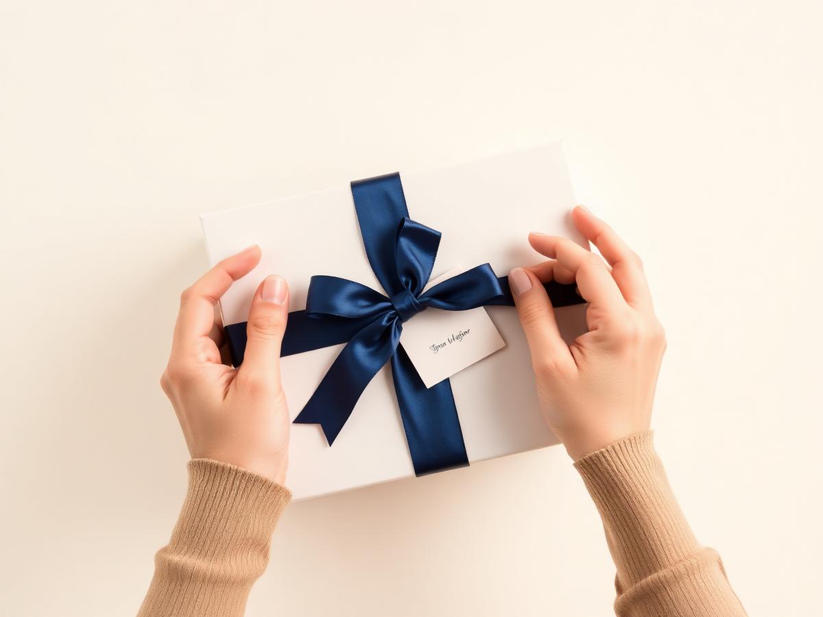 Gift box being prepared with a navy ribbon