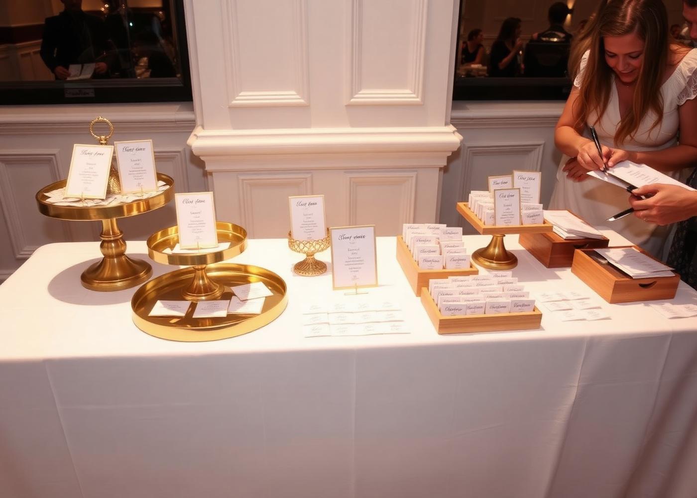 Event souvenir station with gold trays and curated keepsakes